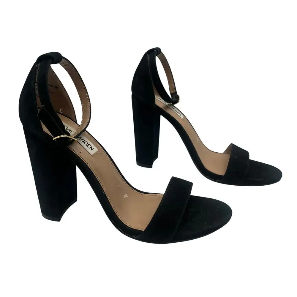 Steve Madden Block Heel Sandals Carrson Suede Ankle Strap Black Size 8M